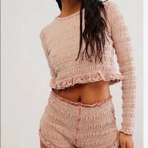 Free People Fp One Meriel Set Smocked Lace Cropped Ruched Top Shorts S